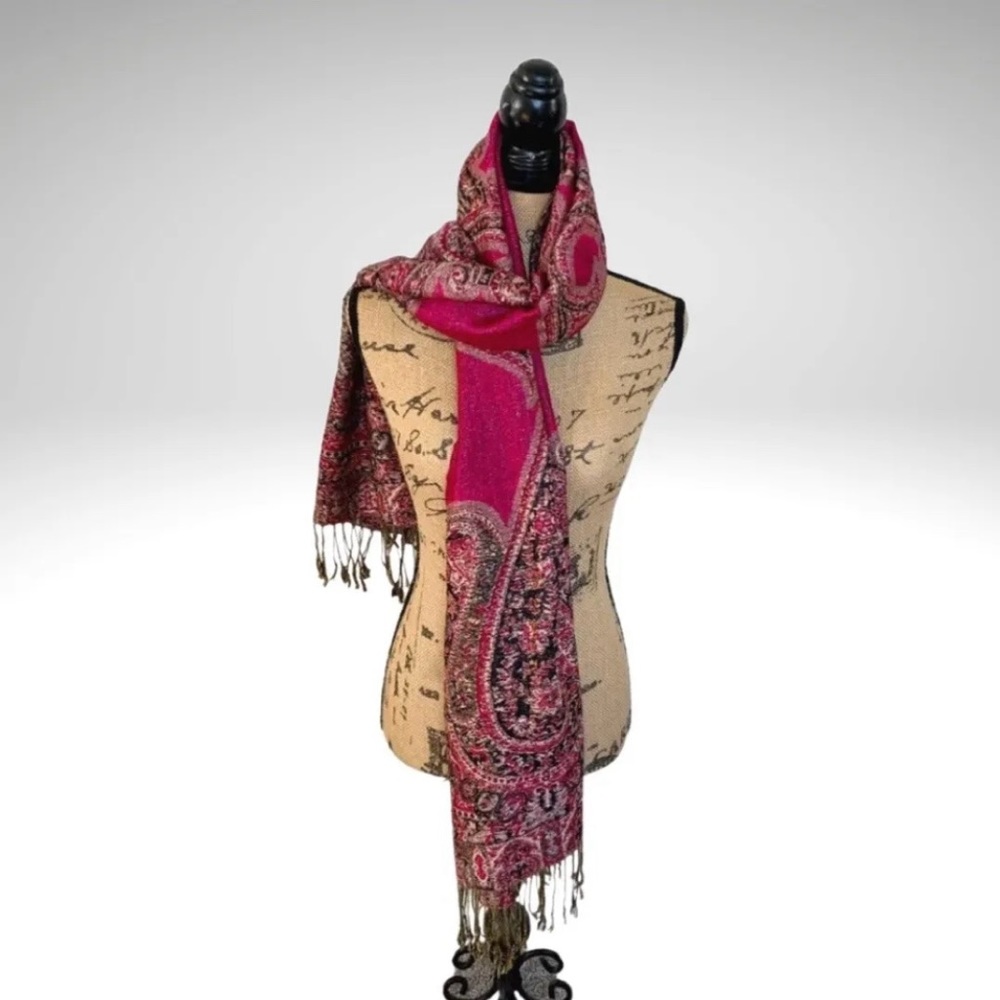 Paisley Pashmina Scarf Shawl Wrap Magenta Pink Double Layer Fringed Large 75”